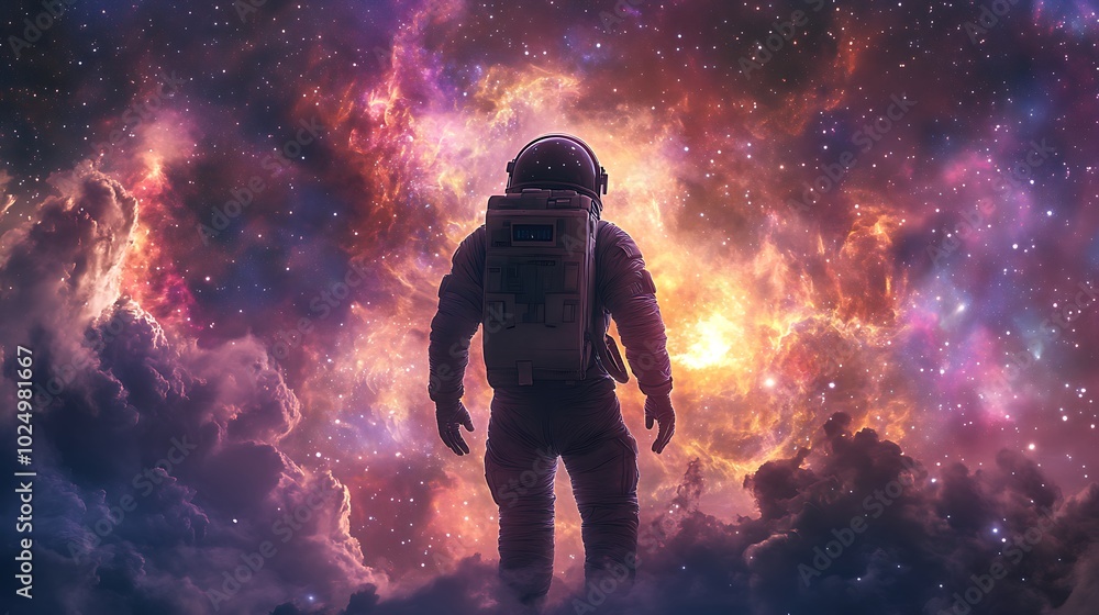 Astronaut in a vibrant cosmic landscape, deep space exploration. Astronaut in a vibrant cosmic landscape, deep space exploration.