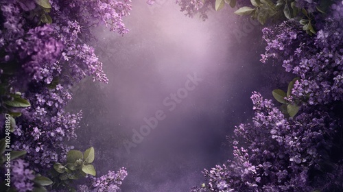 A serene floral scene framed by lilac flowers and soft mist.