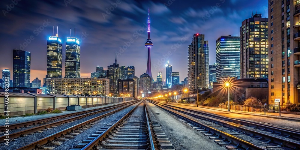 Fototapeta premium Train tracks leading to Toronto downtown at night