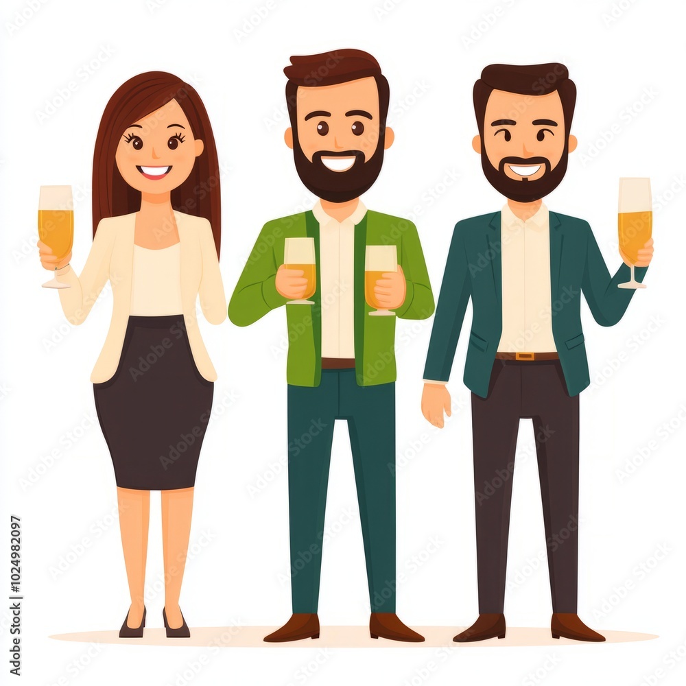 Three cheerful individuals holding drinks, celebrating together. Three cheerful individuals holding drinks, celebrating together.