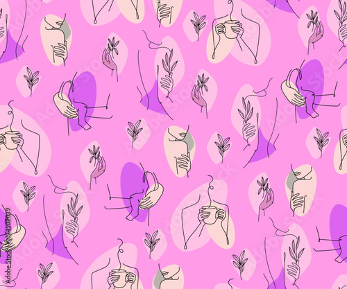 Seamless pattern drawn by hands in line art style. The background is dedicated to femininity, motherhood, nature, new life.