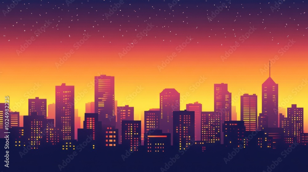 Fototapeta premium A vibrant city skyline at sunset with glowing windows and a starry sky.