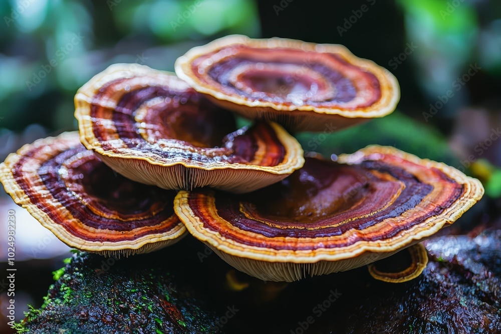 beautiful wild reishi mushroom in rain forest at sunrise , isolated on white background, , copy space for text, beautiful wild reishi mushroom in rain forest at sunrise , isolated on white background, , copy space for text,