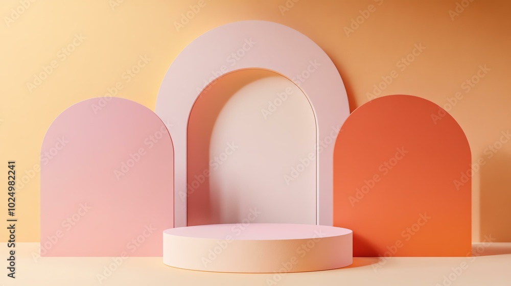 Abstract geometric shapes with soft pink and orange pastels, minimalistic podium design, perfect for a clean product presentation background, sleek and flat design Abstract geometric shapes with soft pink and orange pastels, minimalistic podium design, perfect for a clean product presentation background, sleek and flat design