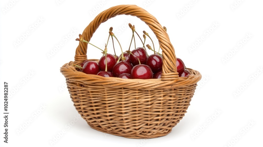 A wicker basket filled with fresh, ripe cherries, showcasing a vibrant and appealing fruit display. A wicker basket filled with fresh, ripe cherries, showcasing a vibrant and appealing fruit display.