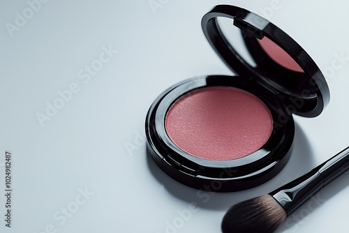 A sleek compact of blush with a soft brush on a neutral background, perfect for enhancing natural beauty.