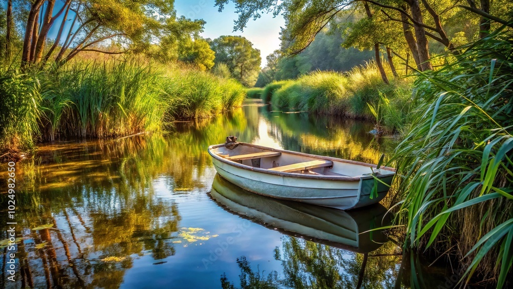 Bowed fibreglass boat in reeds on overgrown river in late summer shade Bowed fibreglass boat in reeds on overgrown river in late summer shade