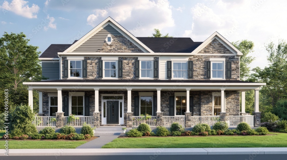 A modern two-story house with stone and siding, featuring a large porch and landscaped yard. A modern two-story house with stone and siding, featuring a large porch and landscaped yard.