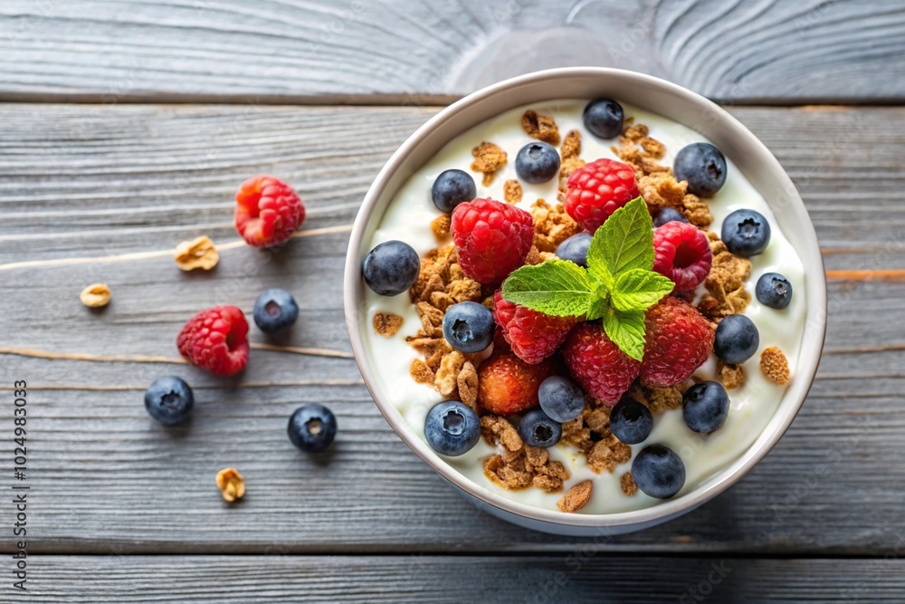 Bowl of yogurt with berries and granola from a low angle perspective Bowl of yogurt with berries and granola from a low angle perspective