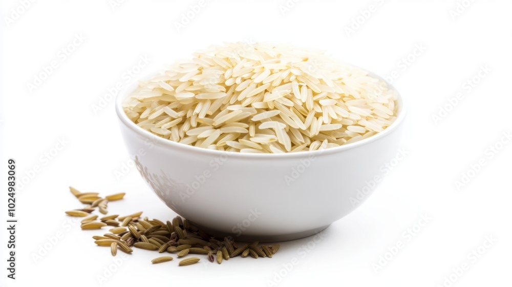 Basmati rice in a simple white bowl, isolated on a white background, emphasizing the clean, fluffy grains Basmati rice in a simple white bowl, isolated on a white background, emphasizing the clean, fluffy grains