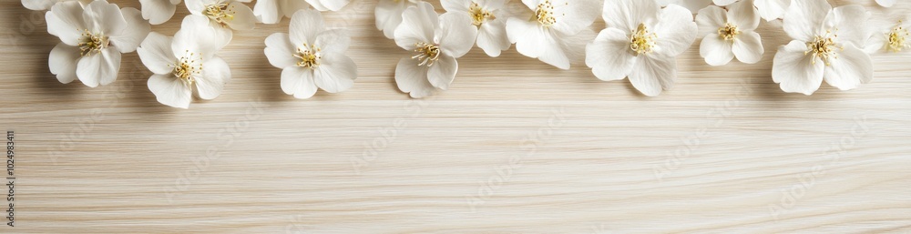 A serene arrangement of white flowers on a wooden surface. A serene arrangement of white flowers on a wooden surface.