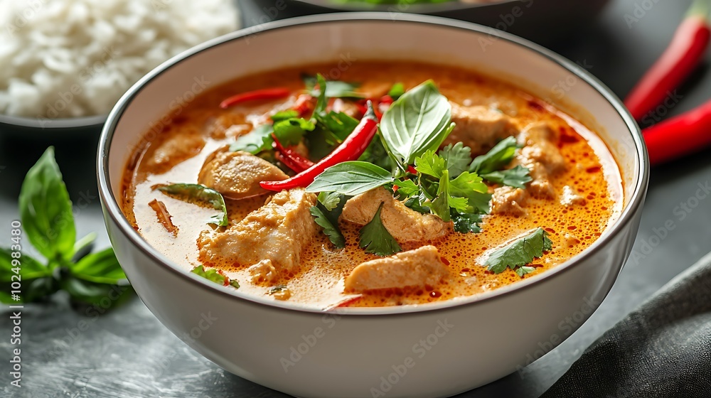 Delicious chicken curry dish with fresh herbs and spices. Delicious chicken curry dish with fresh herbs and spices.