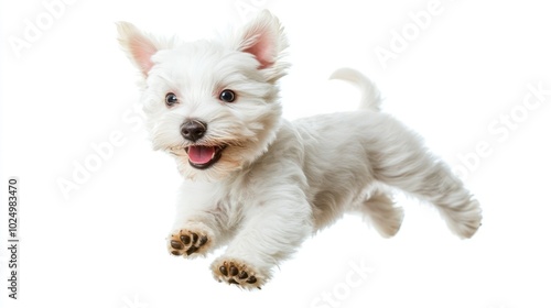 A joyful white puppy leaping in mid-air, showcasing playfulness and energy.