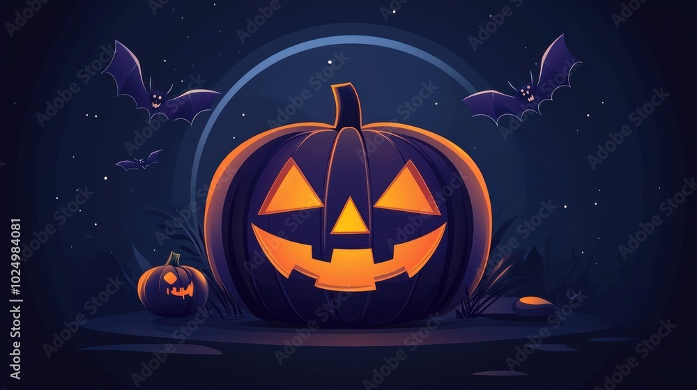 A spooky Halloween scene featuring a glowing jack-o'-lantern and bats in a night sky.