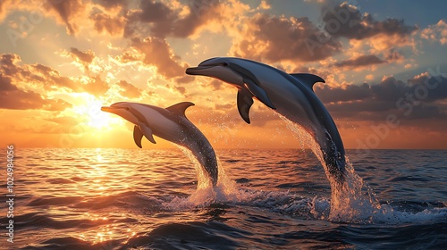 Dolphins jumping at sunset over the ocean waves.
