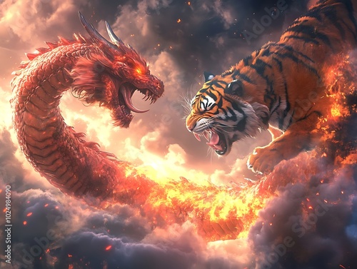 Dragon and tiger clash in fiery, dynamic battle scene. photo