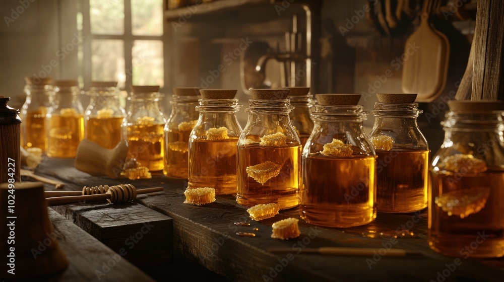 A rustic scene featuring jars of honey and honeycomb on a wooden table. A rustic scene featuring jars of honey and honeycomb on a wooden table.