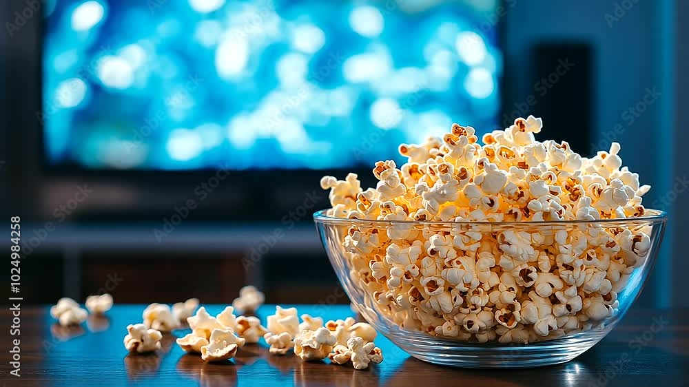 A glass bowl brimming with buttery popcorn on a wooden coffee table, the TV screen glowing softly in the background, casting a warm light across the room A glass bowl brimming with buttery popcorn on a wooden coffee table, the TV screen glowing softly in the background, casting a warm light across the room