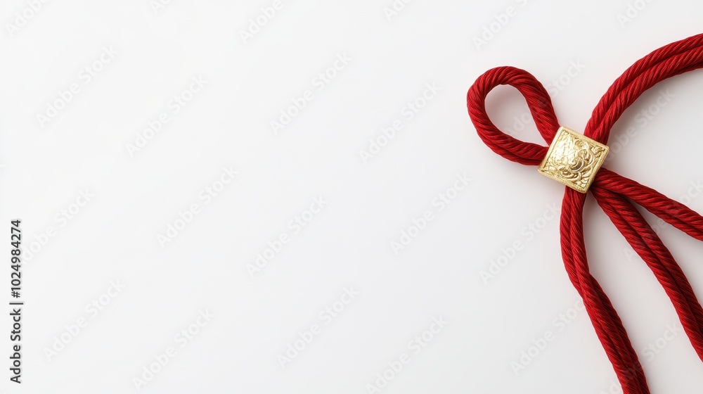 Elegant Red Rope Knot with Golden Clasp on White Background Elegant Red Rope Knot with Golden Clasp on White Background