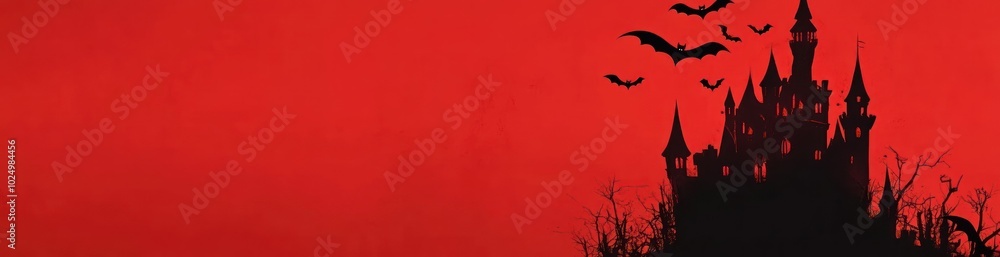 A spooky silhouette of a castle against a red background with bats flying. A spooky silhouette of a castle against a red background with bats flying.