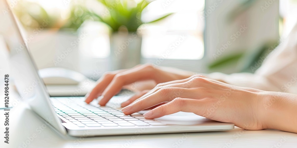 A close-up of hands typing on a qwerty keyboard, background showing a home office setup A close-up of hands typing on a qwerty keyboard, background showing a home office setup