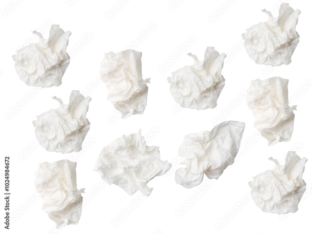 Top view set of screwed or crumpled white tissue paper ball isolated on white background with clipping path Top view set of screwed or crumpled white tissue paper ball isolated on white background with clipping path