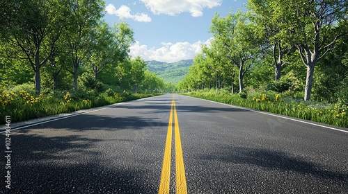 Empty road framed by lush greenery under a clear blue sky photo