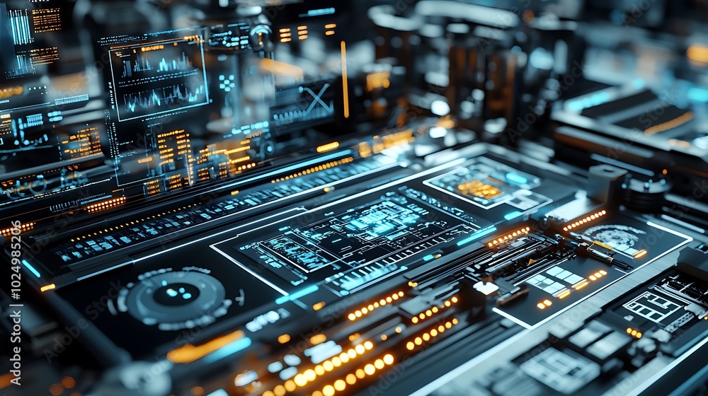 Fototapeta premium Futuristic circuit board with glowing elements and intricate designs.