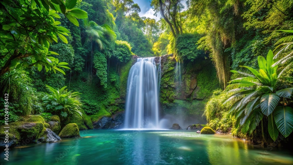 Tranquil waterfall in lush tropical setting Tranquil waterfall in lush tropical setting