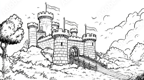 Coloring page of Enchanted Castle with Drawbridge on a Serene Hill