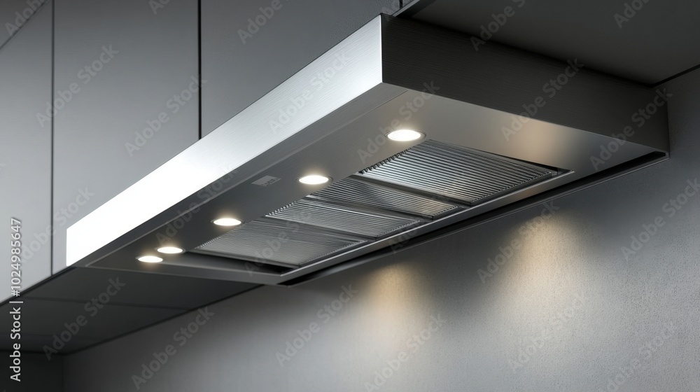 Obraz premium Close-up of a modern stainless steel kitchen hood with built-in lights, perfect for a restaurant or commercial kitchen, isolated on a gray background