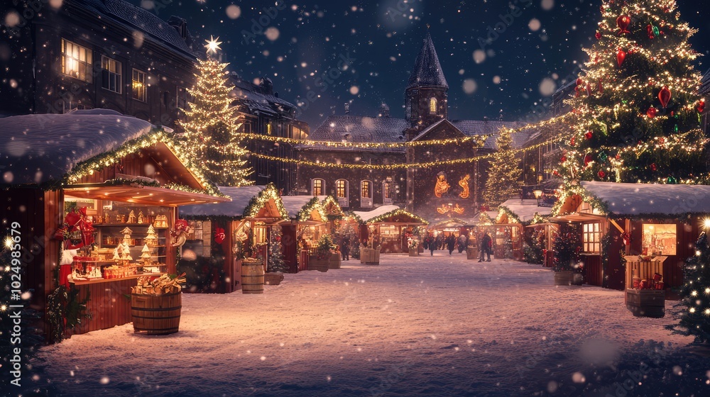 Charming Christmas Market in a Snow-Covered Square. AI generated illustration. Charming Christmas Market in a Snow-Covered Square. AI generated illustration.