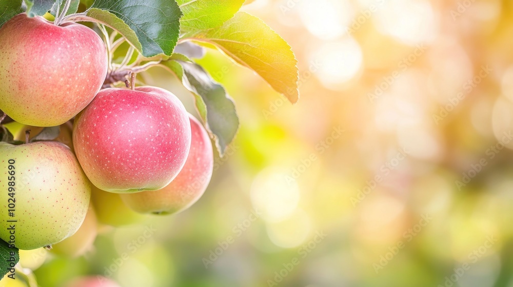 Ripe apples hanging on a tree branch in a sunlit orchard. Ripe apples hanging on a tree branch in a sunlit orchard.