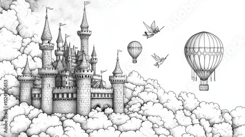 Coloring page of Fantasy Castle in Clouds with Hot Air Balloons