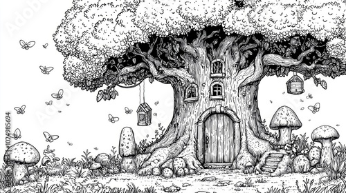 Coloring page of Enchanted Forest Tree with Doors and Whimsical Elements