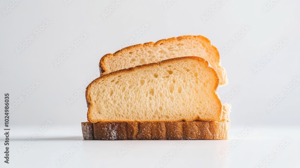 Crisp white toast bread against a clean white backdrop, showcasing its golden crust and soft center, perfect for culinary presentations