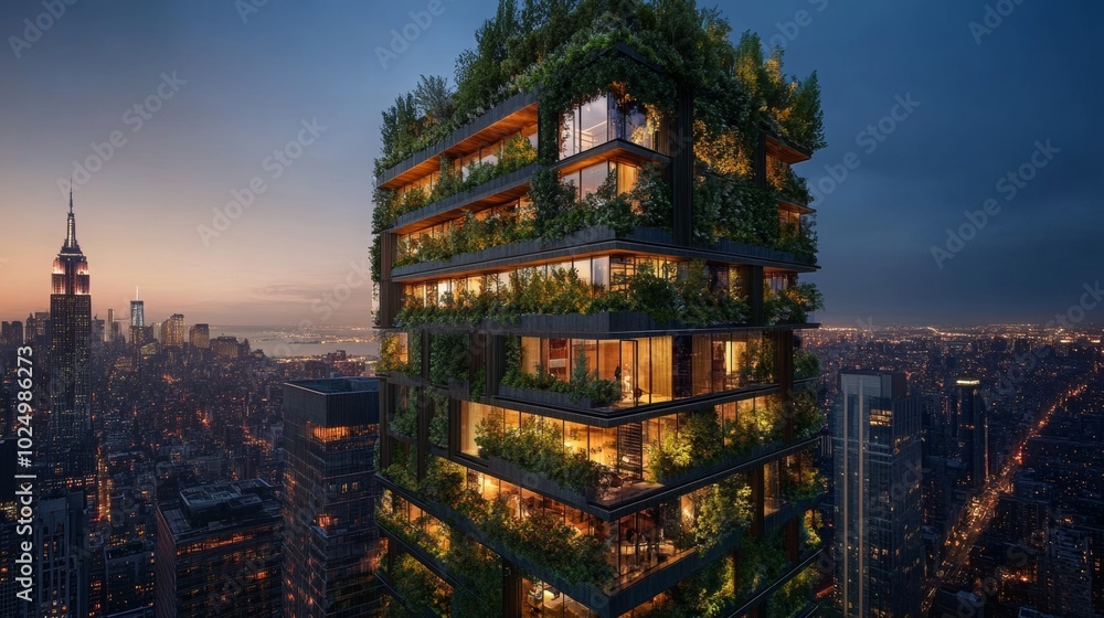 Obraz premium Urban skyscraper adorned with a lush vertical garden, blending nature with modern architecture in a vibrant cityscape.