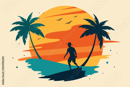 Retro vintage surfing silhouette landscape design with a palm trees.