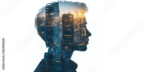 double exposure photo of business executive, city downtown background on white 