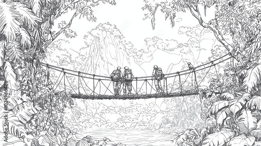 Obraz premium Coloring page of Jungle Expedition with Explorers Crossing a Rope Bridge