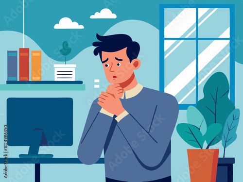 Young Man Coughing in Modern Office Holding Chest. Young man coughing in a modern office environment, hand on chest. vector illustration