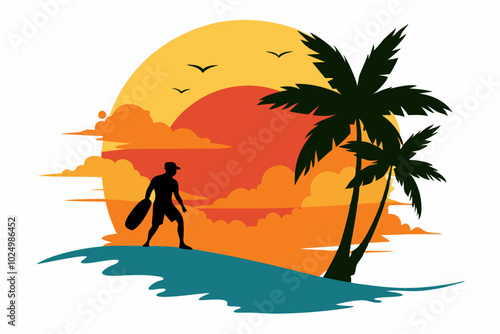 Retro vintage surfing silhouette landscape design with a palm trees.