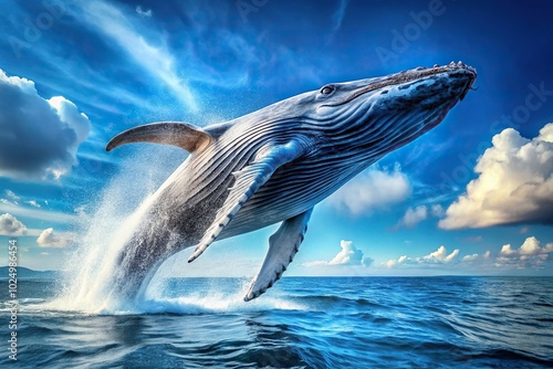 Breaching blue whale in ocean