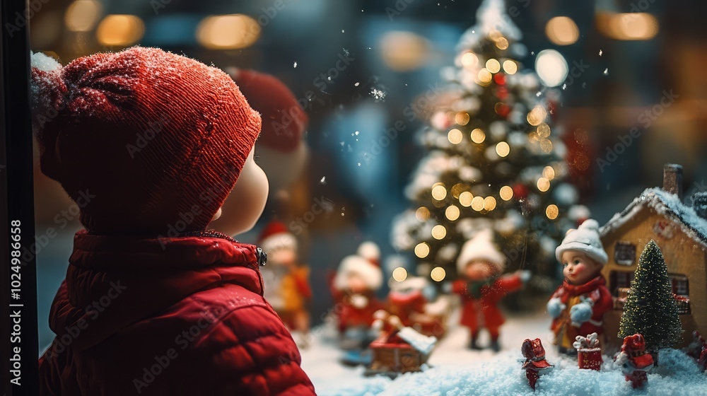 Naklejka premium Child observing a festive holiday display through a store window. AI generated illustration.