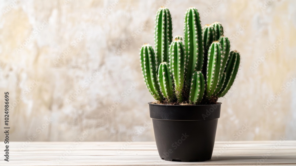A potted cactus with multiple green stems against a textured background. A potted cactus with multiple green stems against a textured background.