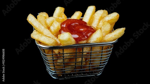 Crispy golden French fries served in a wire basket, with ketchup and sauce, isolated on a black background for a dramatic presentation