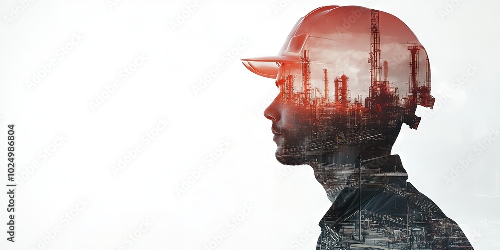double exposure photo of oil worker, oil field background on white double exposure photo of oil worker, oil field background on white