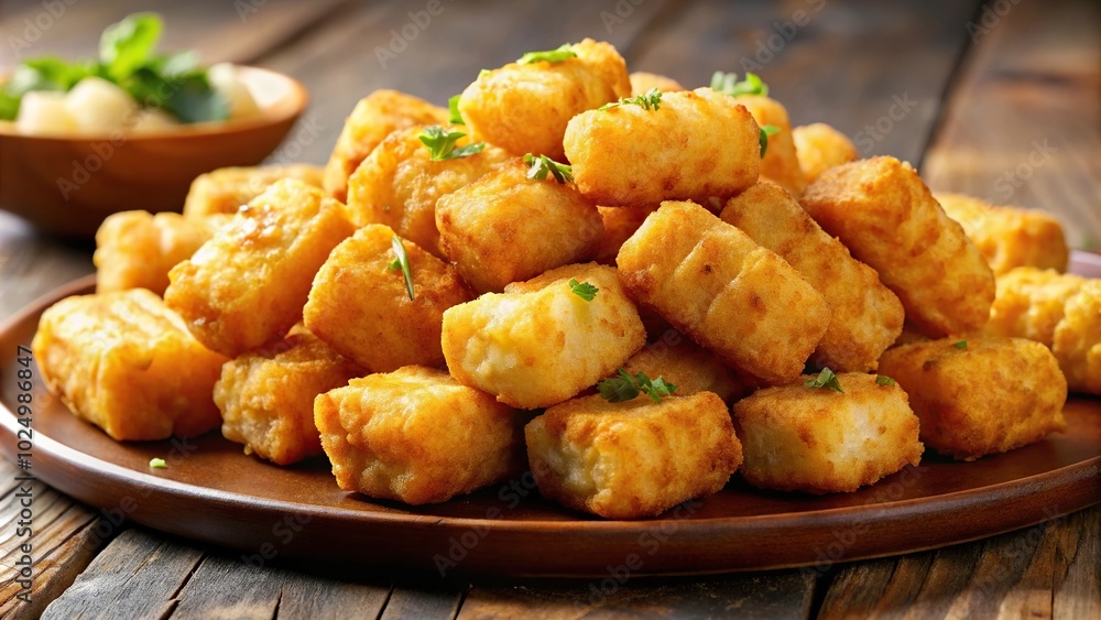Breakfast concept with a long shot of a hashbrown served with tator tot soldiers Breakfast concept with a long shot of a hashbrown served with tator tot soldiers