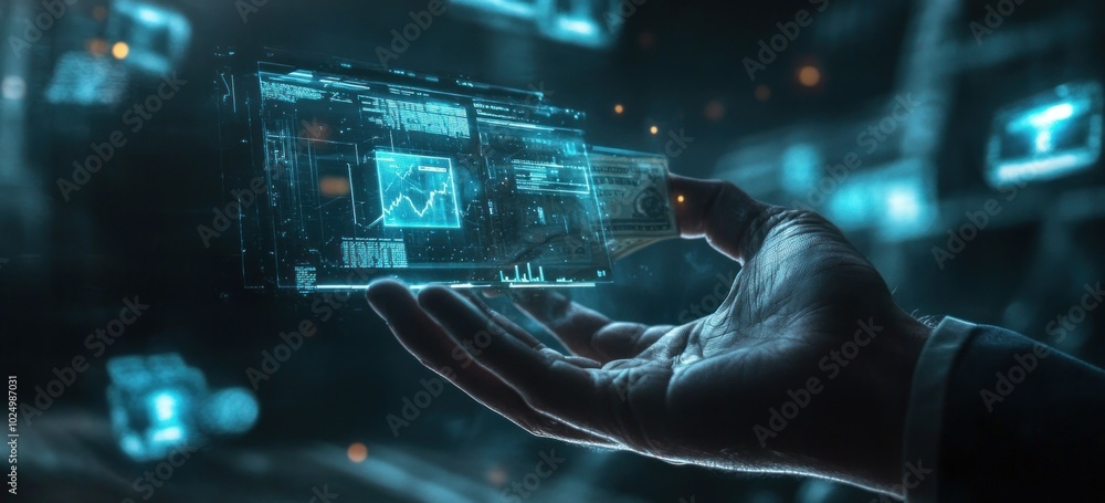 A futuristic hand holding a holographic display with data visualizations. A futuristic hand holding a holographic display with data visualizations.