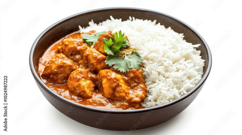 Delicious chicken curry paired with fragrant rice, isolated on a white background, capturing the essence of traditional Indian cuisine Delicious chicken curry paired with fragrant rice, isolated on a white background, capturing the essence of traditional Indian cuisine